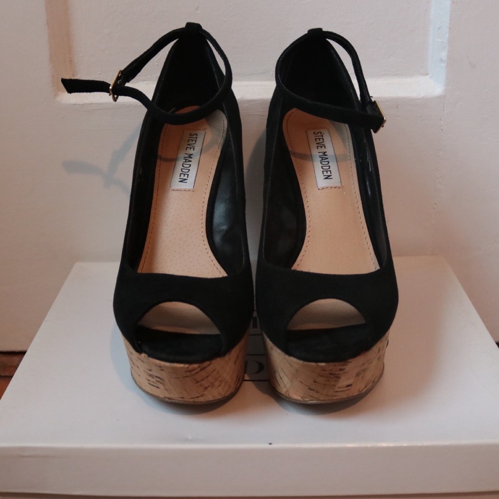 Steven Madden | Black Suede Peep Toe Wedges